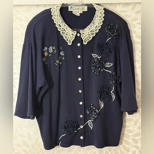 VTG Chaus Women’s L Navy Flower Embellished Paisley Lace Collar Cardigan Sweater